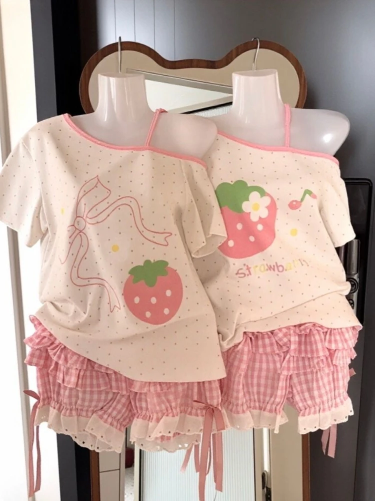 New American Casual Sweet Kawaii Y2K 2 Piece Set Women Strawberry Polka Dot Bow Off Shoulder Slim Fit Crop Tee Sexy Daily Outfit