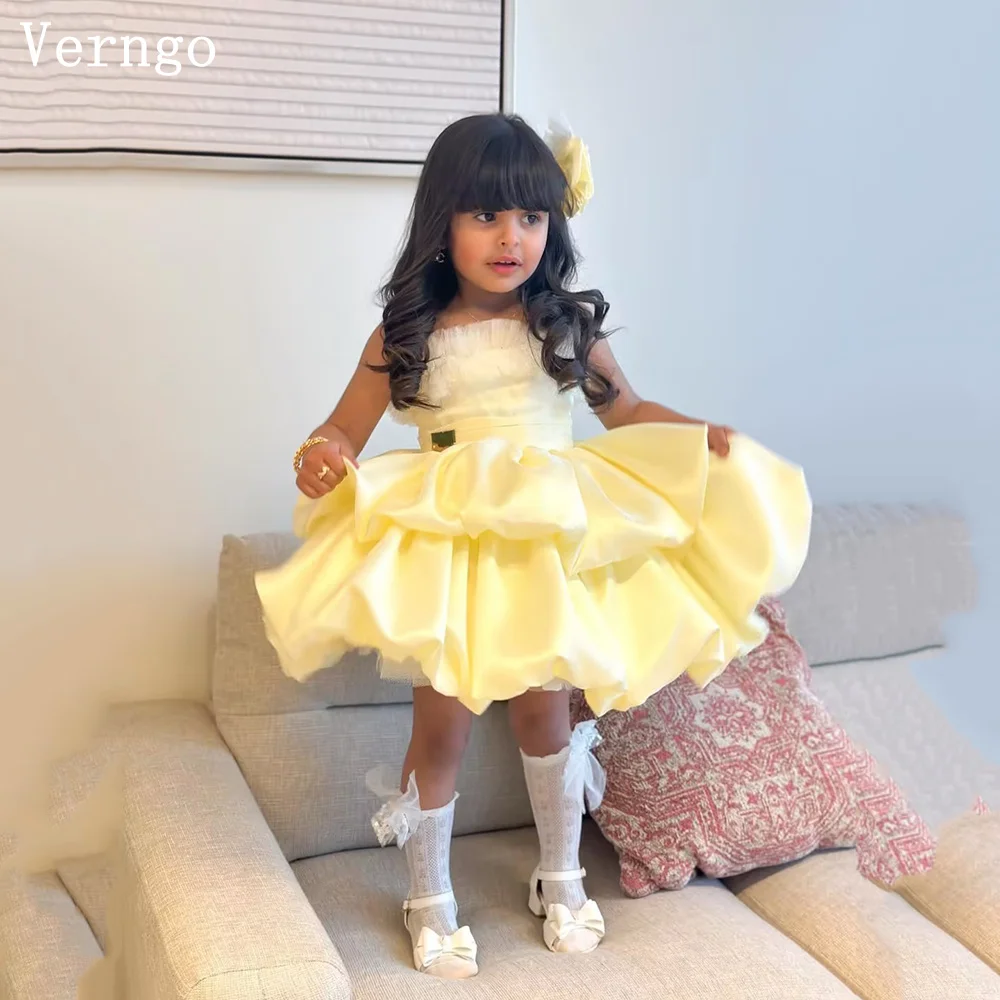 

Verngo Yellow Satin Mini Girl Flowers Dress A Line Tiered Princess Birthday Party Dresses Elegant Short Kid Prom Gown Customized