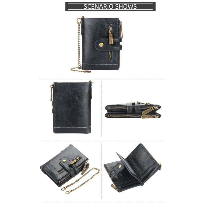 Premium Men's Short Wallet Large Capacity Anti-Lost Chain Double Zipper Purse Multiple Card Slots