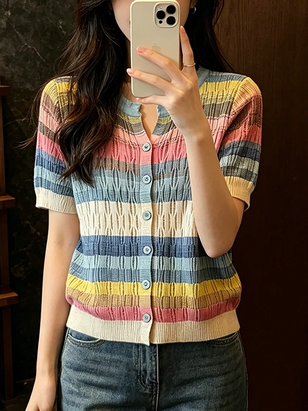 

Summer New Style Women's Knitted Short Sleeve T-shirt Button up Striped Rainbow Color Block Loose Fit Breathable Casual Top