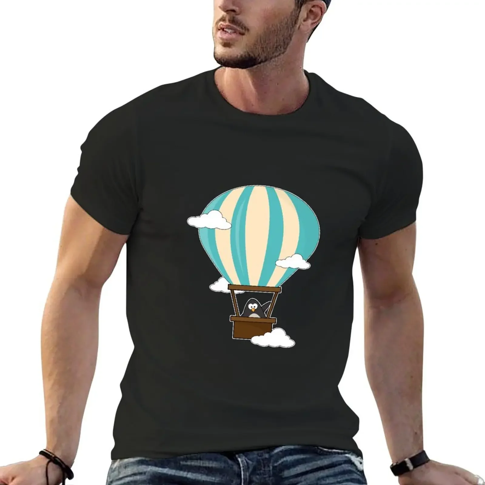 Penguin in Hot air balloon & Clouds T-Shirt blue archive street wear mens tall t shirts