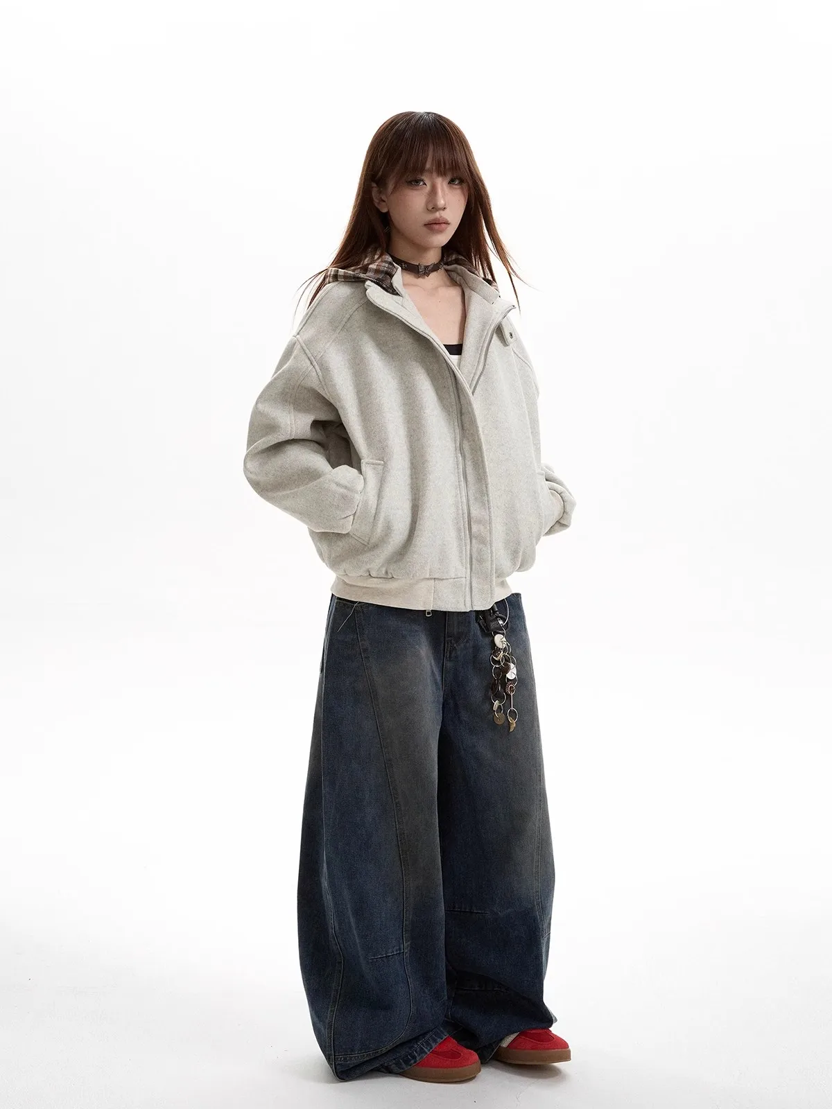 Retro americano xadrez boxy hoodie algodão jaet feminino cleanfit casaco de lã longo sve Thiened inverno commute sle