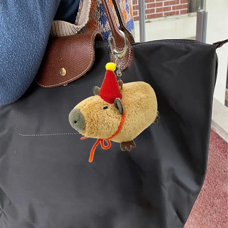 Capybara Keychain For Backpack Stuffed Animals Keyrings Pendant Fluffy Capybara Wear Red Hat Plush Toy Creative Handbag Pendant