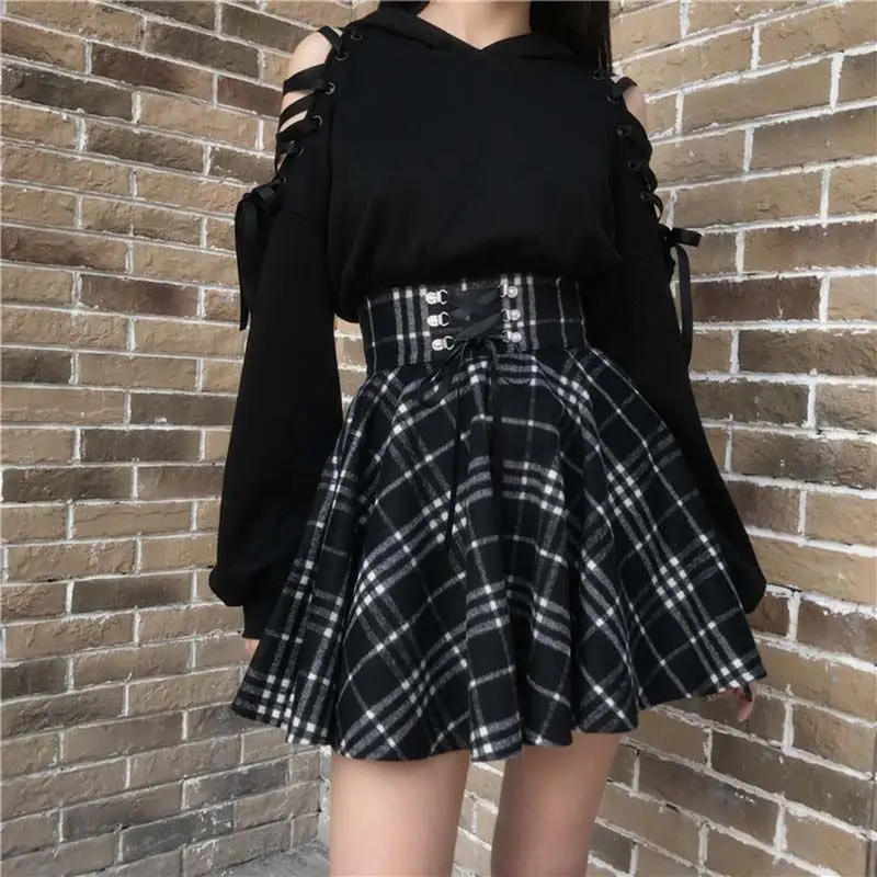 Y2K Skirt Women 2023 Korean Fashion Woolen Plaid Skirt Lace Up High Waist Harajuku All-match School Preppy Mini Skirts for Girls