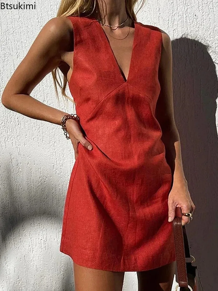New 2026 Vintage Linen Women's Dress Elegant Summer Sexy V-neck Beach Streetwear Short Dresses Female Clothing Sundress Vestido