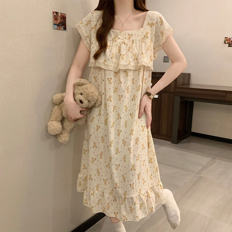 

Nightdress Women's Summer Sweet Girl 2026 New Pajamas Loose Summer Women's Cute Mid-length Skirt Pajama Skirt