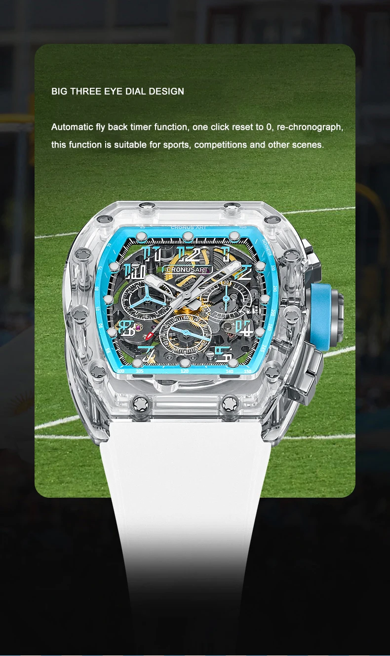 CRONUSART Мужские часы-хронограф 50 мм Механические наручные часы Tonneau Сапфировый корпус Светящийся ремешок из фторкаучука Большие тройные окна