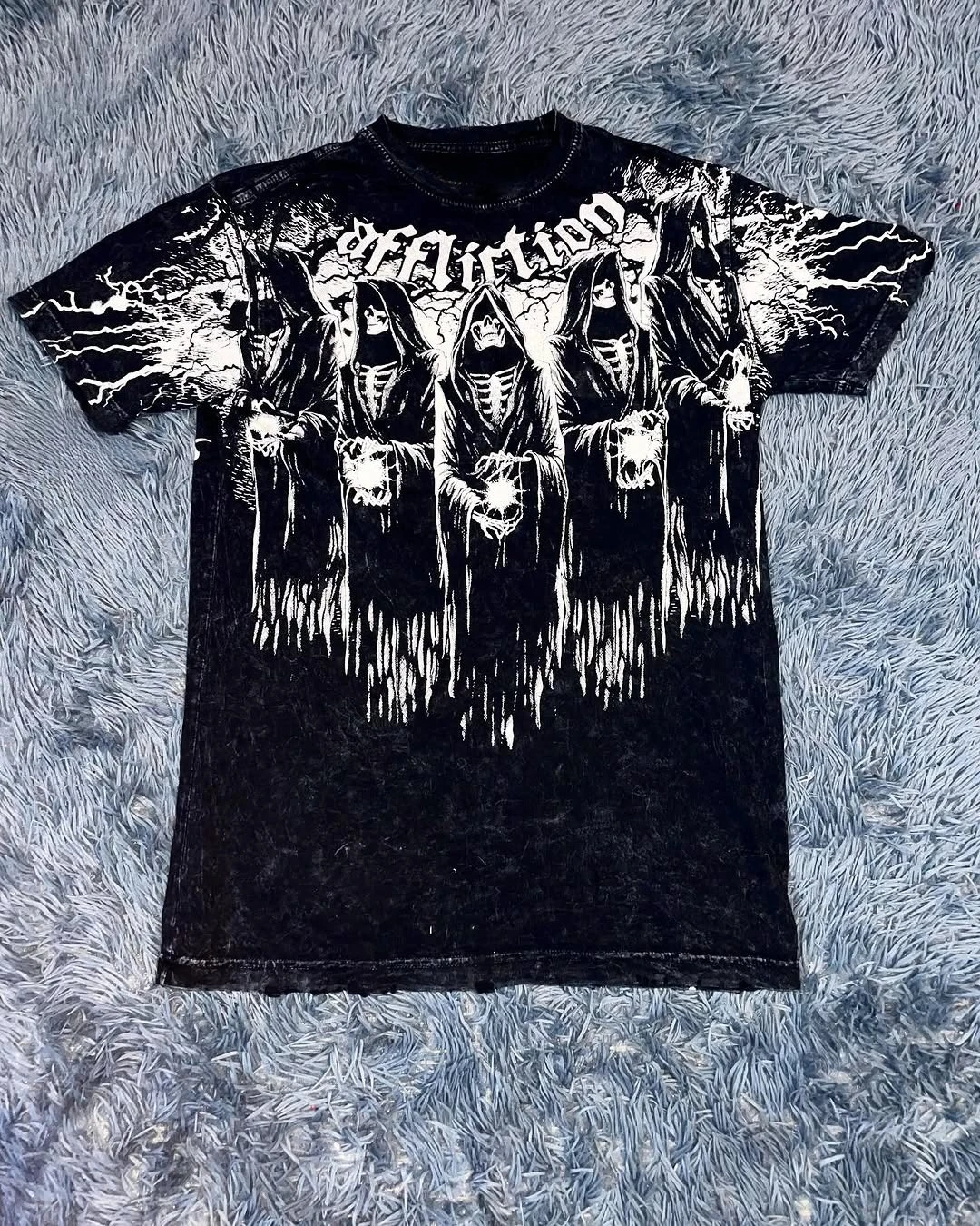 

Summer New Affliction Washed T-shirt Retro Skull Print Short Sleeve Men Hip Hop Gothic Harajuku Trendy Punk Loose Top Streetwear