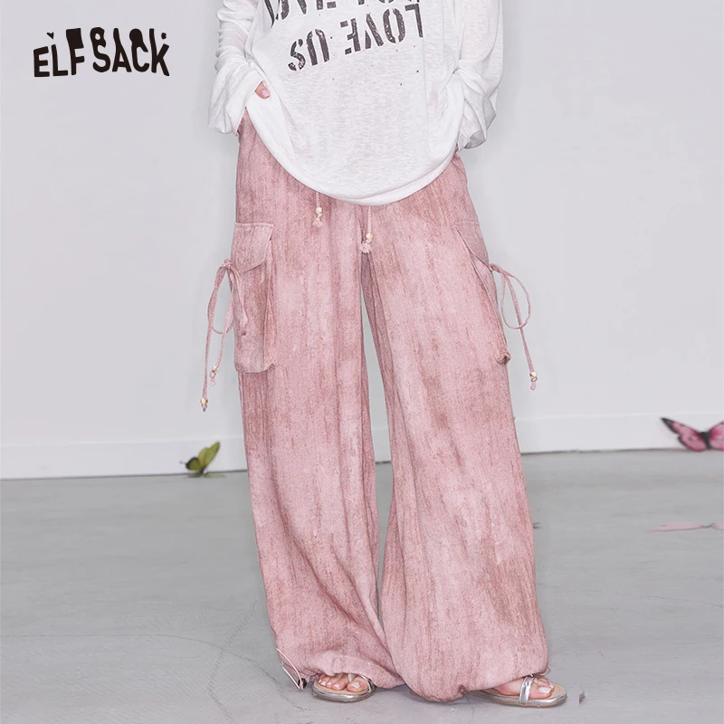 ELFSACK 2025 Spring New Arrivals Y2K Soft Loose Straight Pants Women Casual Elastic Waist Wide Leg Pants