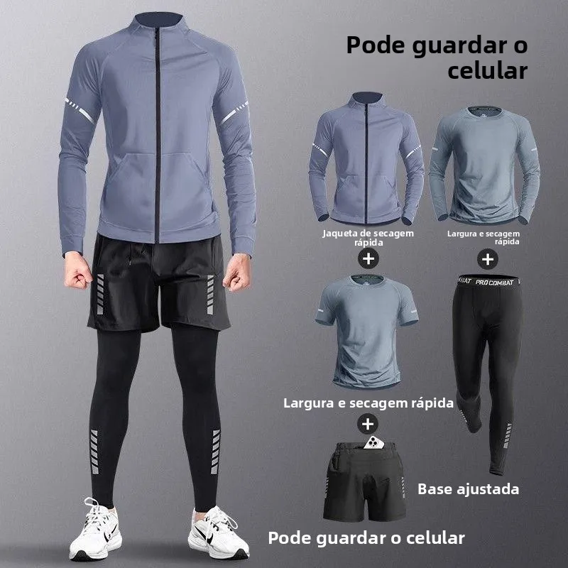 メンズスポーツウェアセット秋冬ランニングトレーニングウェア速乾性ジムプロフェッショナルモーニングランパンツ携帯電話配置可能