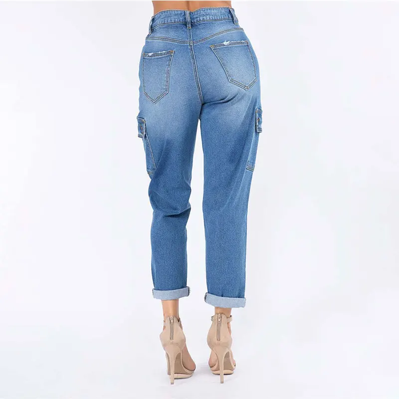 Multi-pockets Splicing  Sexy Hip Denim Pants Wide Leg Fashion Zipper Loose Splicing High Waist Jeans Clothing Knee Holes