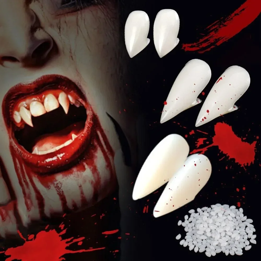 Halloween Vampire Teeth Fangs DIY Cosplay Dentures Props Resin False Teeth with Solid Glue for Masquerade Party Cosplay Costume