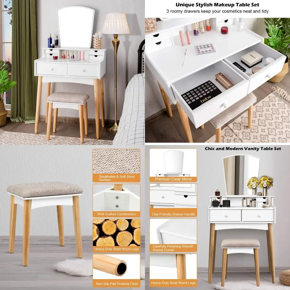 Table de maquillage moderne avec miroir et tabouret rembourré, coiffeuse à 6 tiroirs pour chambre à coucher