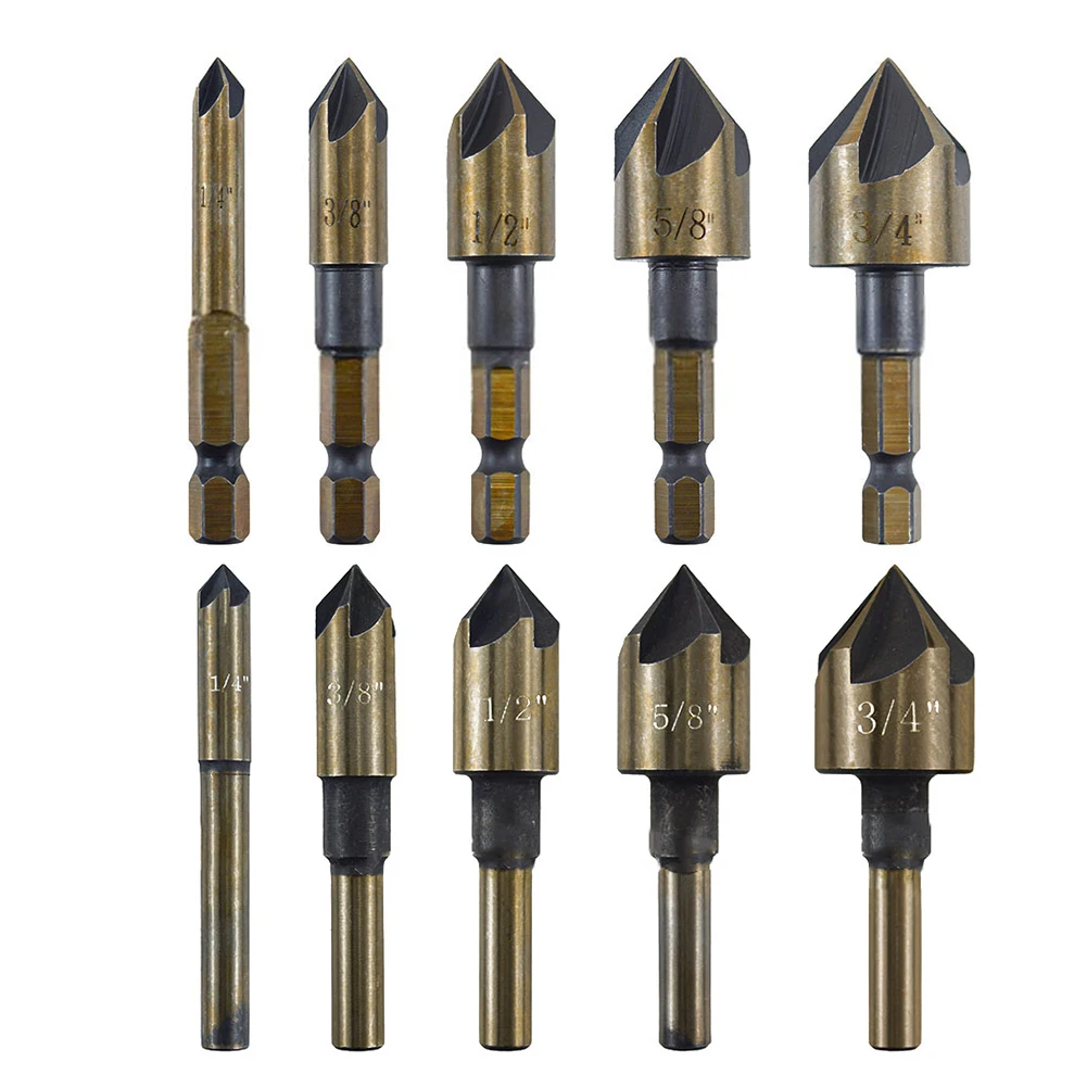 

5PCS M35 Cobalt Countersink Drill Bit HSS 5 Flute Chamfering Cutter Hex Shank Countersunk Chamfering Drill Woodworking Tool