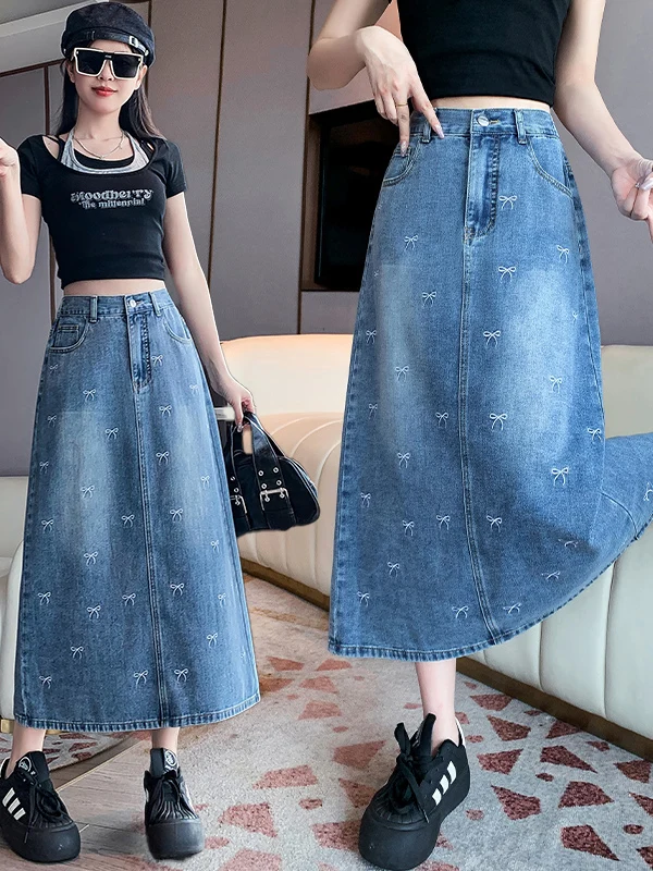 High Waist Straight Cut Denim Skirt with Embroidered  Knot plus Size Women's Fashion Slimming Versatile Half-length ...