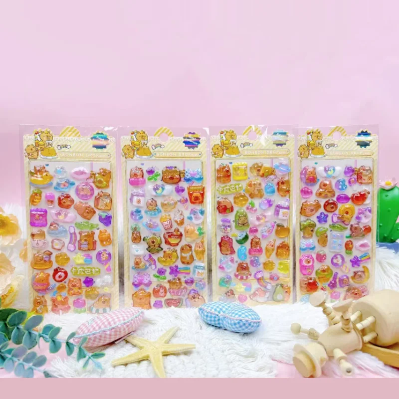 4 Pcs Mix Cartoon Stickes Capybara  3d  Stereo Crystal Sticker Handbook Diy Material Children Sticker