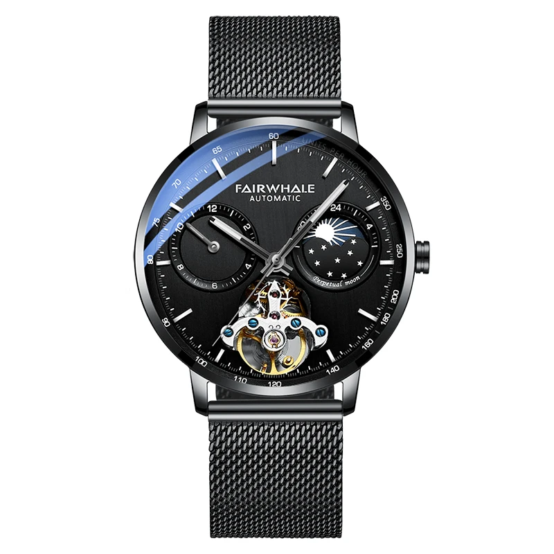 FAIRWHALE Original Tourbillon Watch for Men Mechanical Waterproof Black Steel Luxury Top Brand Skeleton Wristwatch reloj hombre