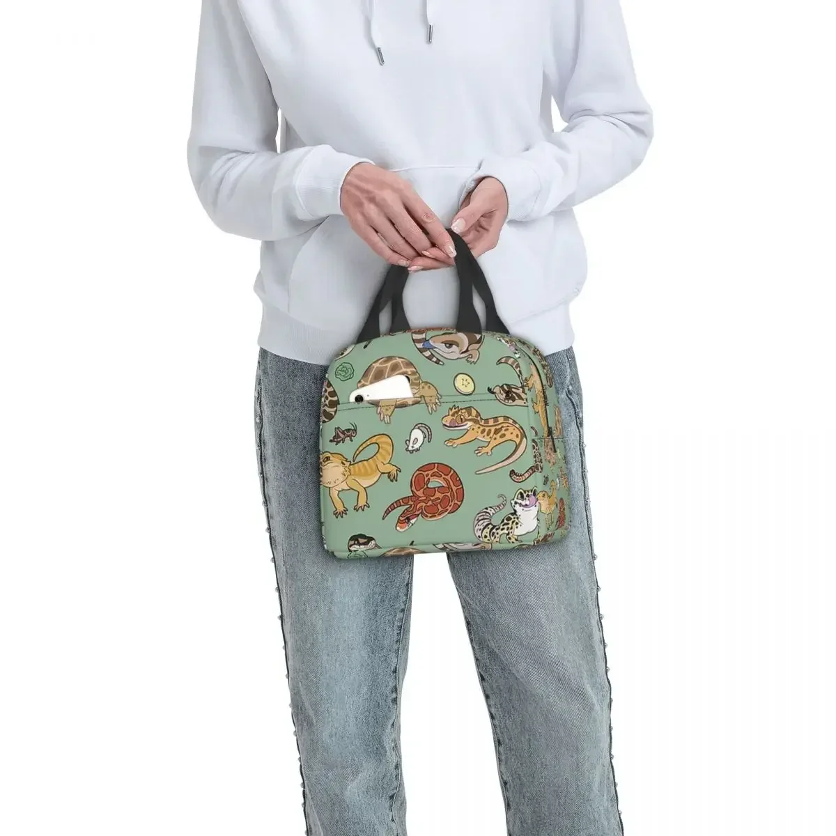 Reptile Pets Pattern Green Lunch Bags Insulated Bento Box Lunch Tote Leakproof Bags Cooler Thermal Bag for Woman Kids Work