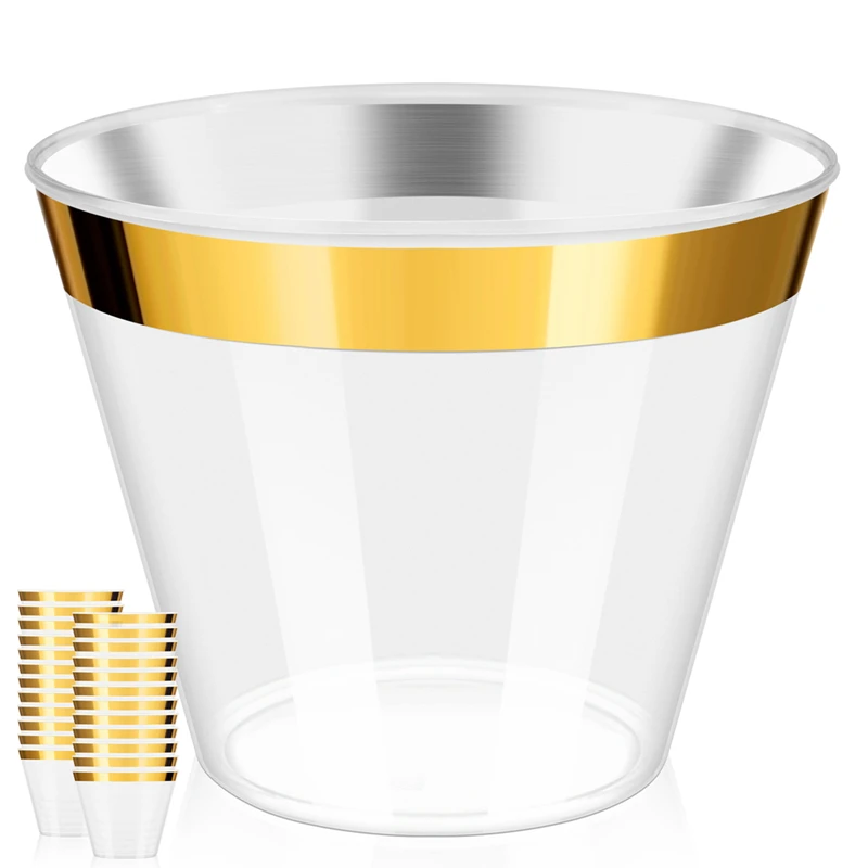 와인 잔 황금 플라스틱 컵 9 온스 일회용 컵 플라스틱 와인 잔 컵 파티를위한 투명 플라스틱 컵