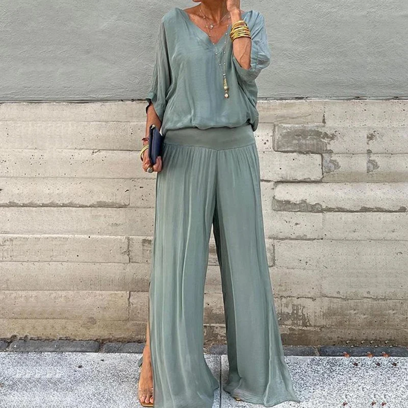 Elegant Chiffon Wide-leg Pants Two-piece Set Women 2024 Spring Half Sleeve Solid Loose Outfit Summer V Neck Backless Casual Suit