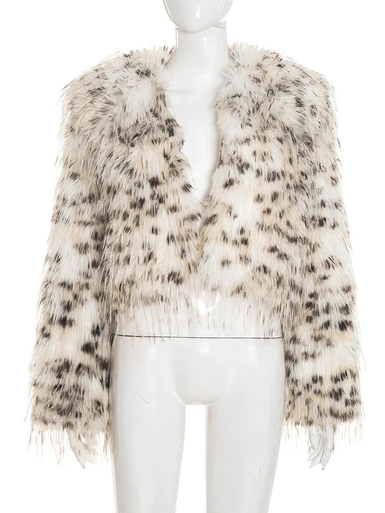 Giacca di lusso in pelliccia di gatto strana da donna leopardata calda invernale a maniche lunghe per banchetti, feste selvagge, hipster, medianoche, colletto aperto, cappotto corto