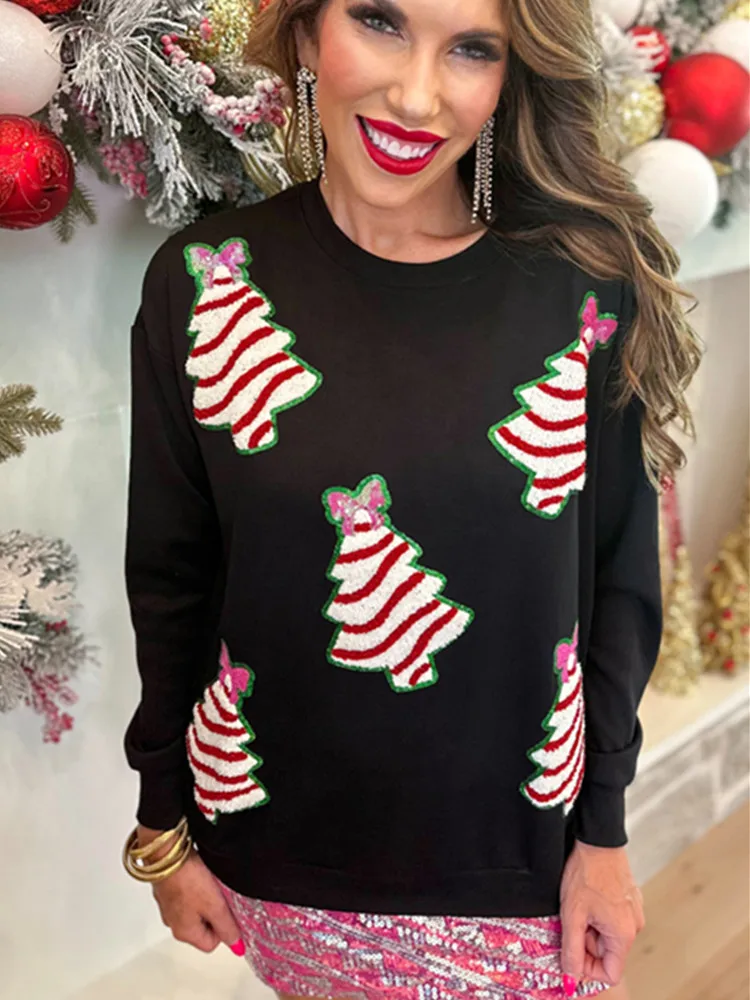 BKLD Autumn And Winter New Women Clothing Fashion Christmas Tree Sequined Decoration Hoodie Casual Loose Tops Sweatshuirts