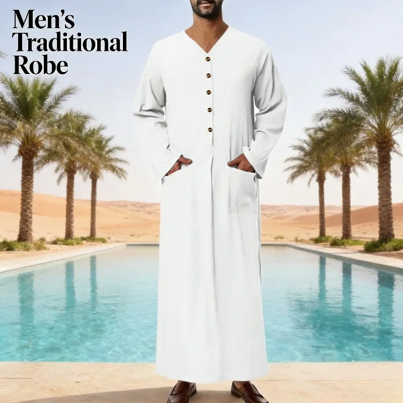 Muslim Middle Eastern Men Loose Solid Color Robe Long Sleeve Button Pocket Casual Outfit