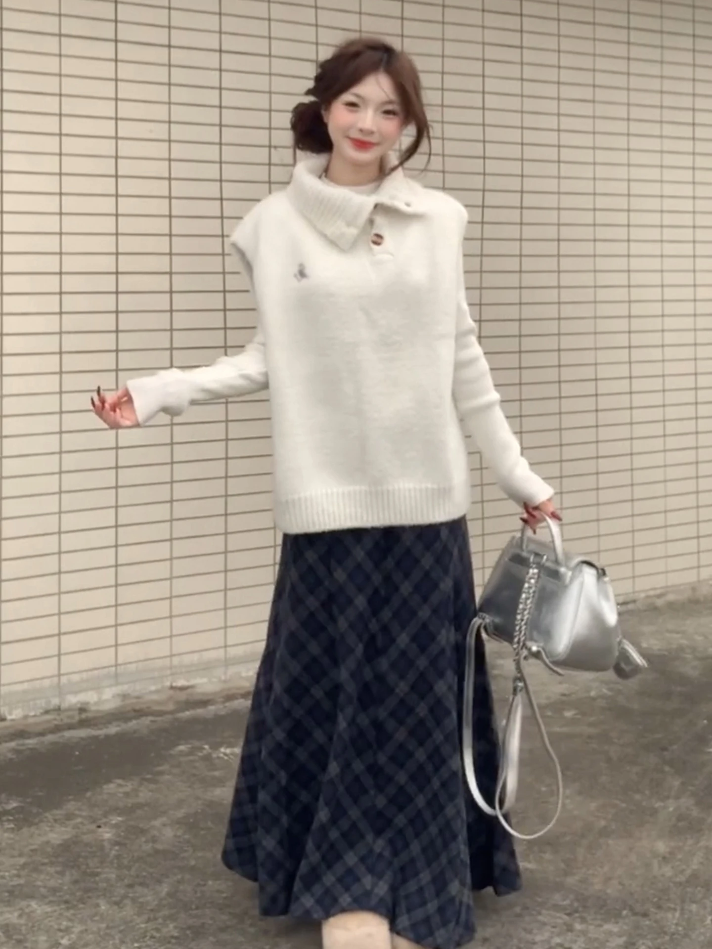 Pull tricoté blanc coréen pour femme, ensemble de pièces en t-shirt, taille haute, jupe trapèze longue, nouvelle collection automne hiver