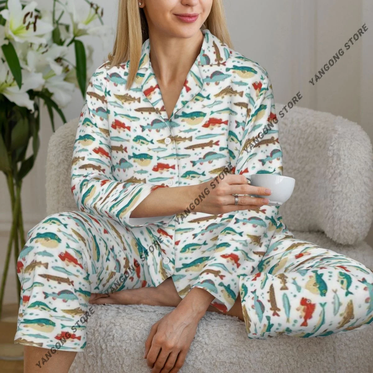 

Spring and Autumn Pajama Set Women's Long Sleeve Pants Two Piece Ocean Fish Cartoon Blowfish Exotic Cuisine Home Furnishing Set
