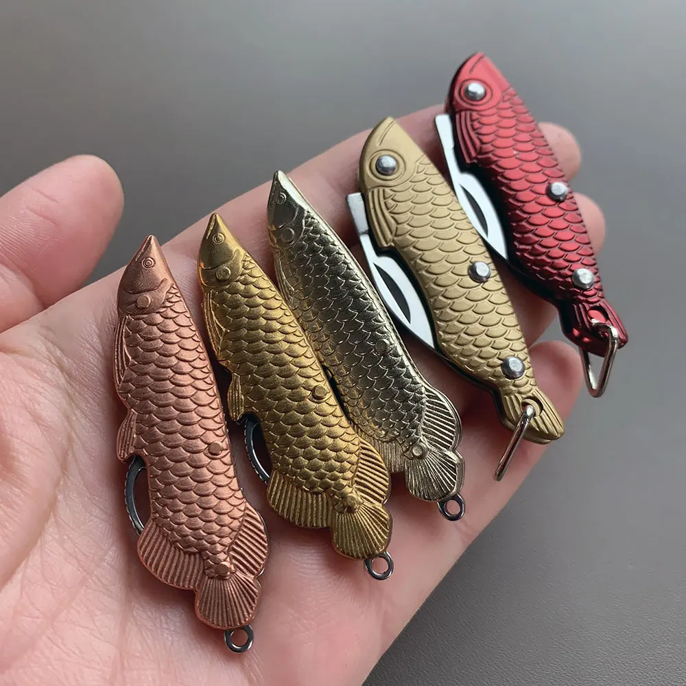 Mini Brass Handle Fish Shaped Handle Folding Blade Knife Stainless Steel Sharp Outdoor Camp Pocket Knife Keychain For Survival