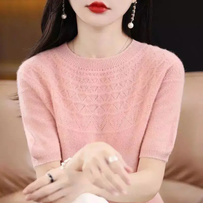 Round Neck Half Sleeve Screw Thread Solid Color Women\'s Clothing Pullover Sweater Knitted Casual Fashion Office Lady Tops