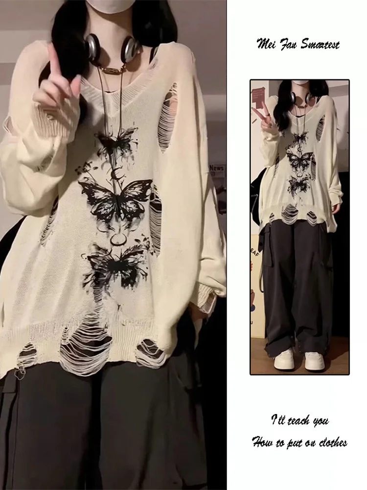 

Y2K Spicy Girl fiti Hollow Long Sve Cover up Women's Loose Slimming Knitted Top Casual Sle Creative Pattern