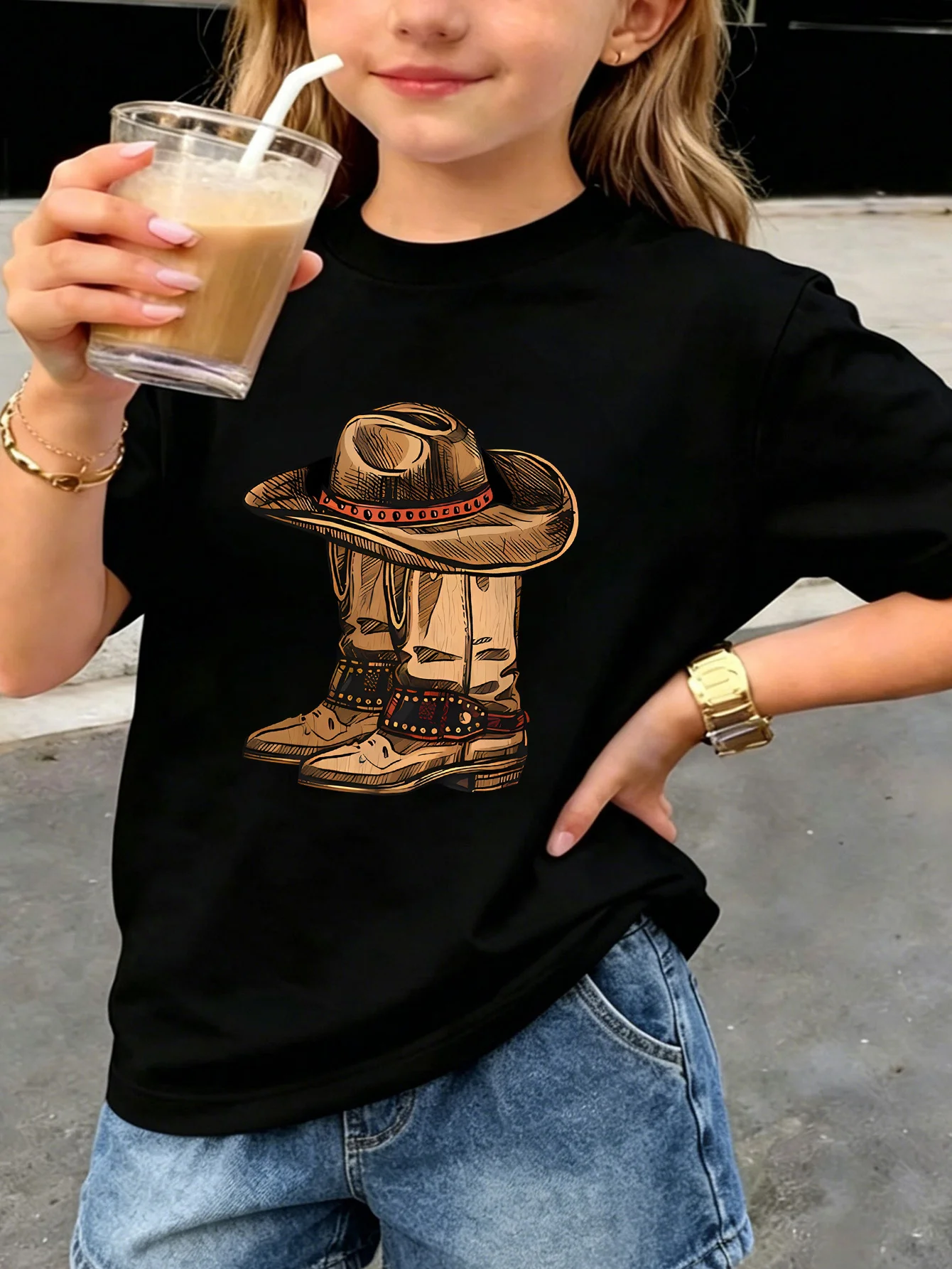 Kids T Shirt Vintage Western Cowboy Hat And Boots Retro Graphic Short Sleeve Cotton Tops For Boys Girls Daily Casual Outfit