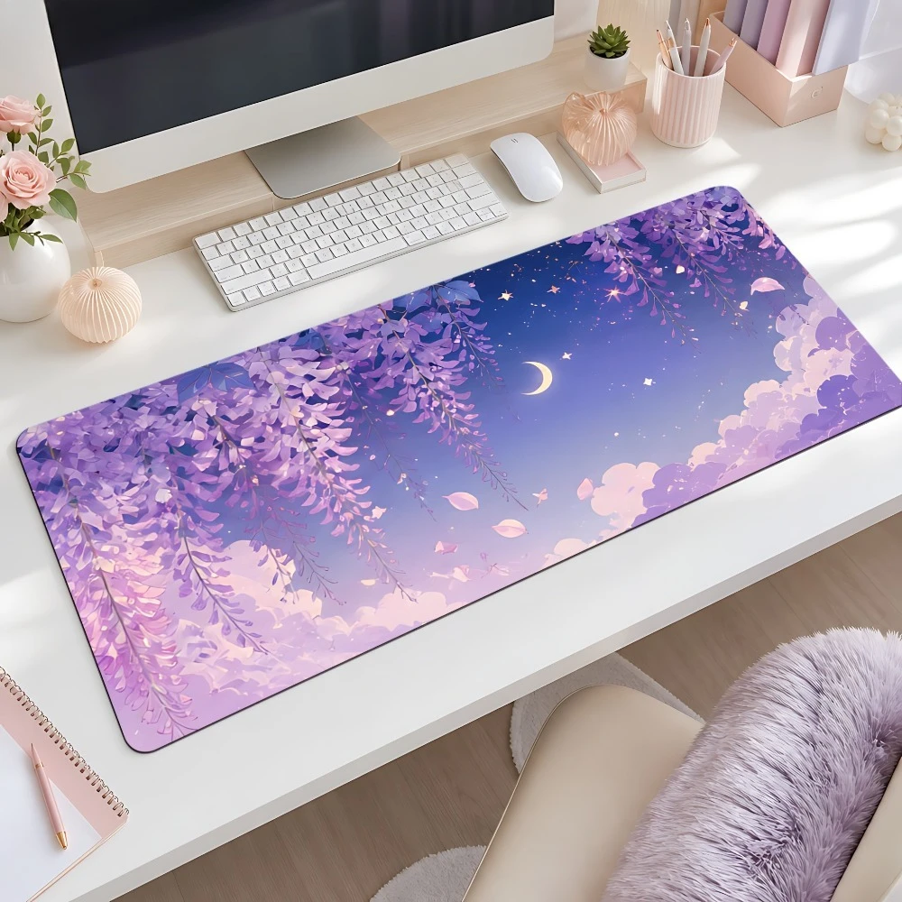 Purple and blue wisteria flower starry night mouse pad, desk decoration accessory, computer desktop beautification