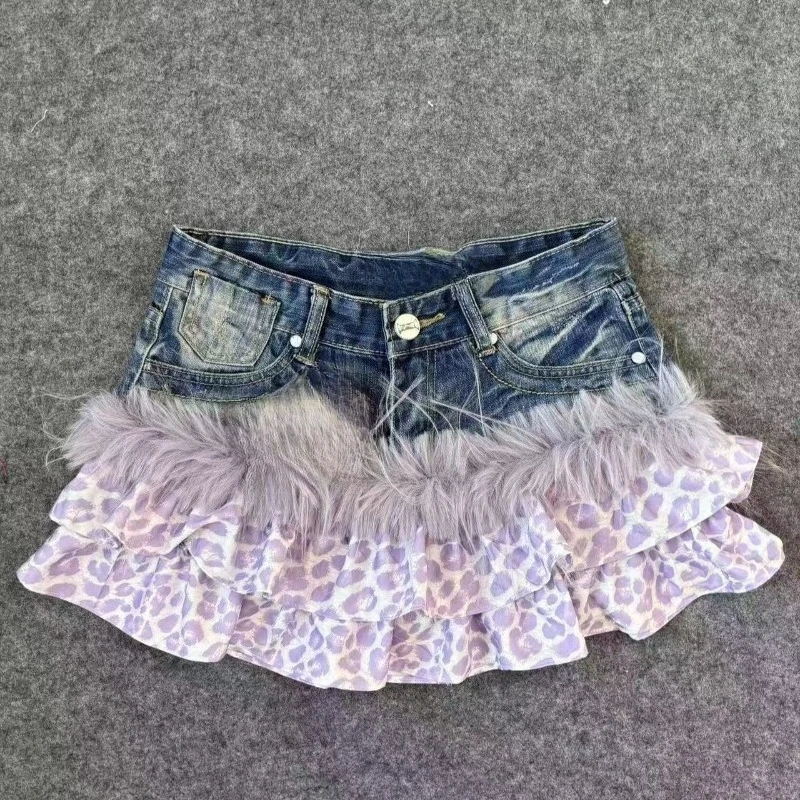 Vintage Y2K Purple Leopard Denim Skirt Ins Elegant Music Festival Patchwork Skirts Abby Spicy Girl Retro Style Clothing 2026 New