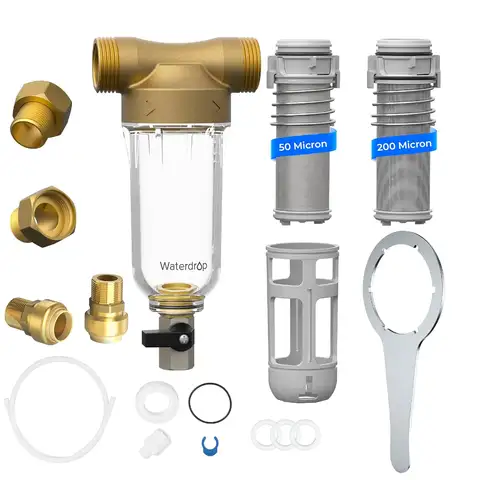 Waterdrop RPFK52 Spin Down Sediment Filter, 50 Micron+200 Micron Backwash Whole House Water Filter System for Well Water, 1" MNPT + 3/4" FNPT + 3/4" MNPT, Traps Sand, BPA Free