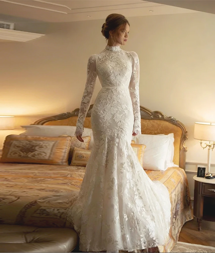 

MCDV изящное кружевное вечернее платье русалки по индивидуальному заказу, темпераментное женское свадебное платье с высоким воротником и длинными рукавами длиной до пола