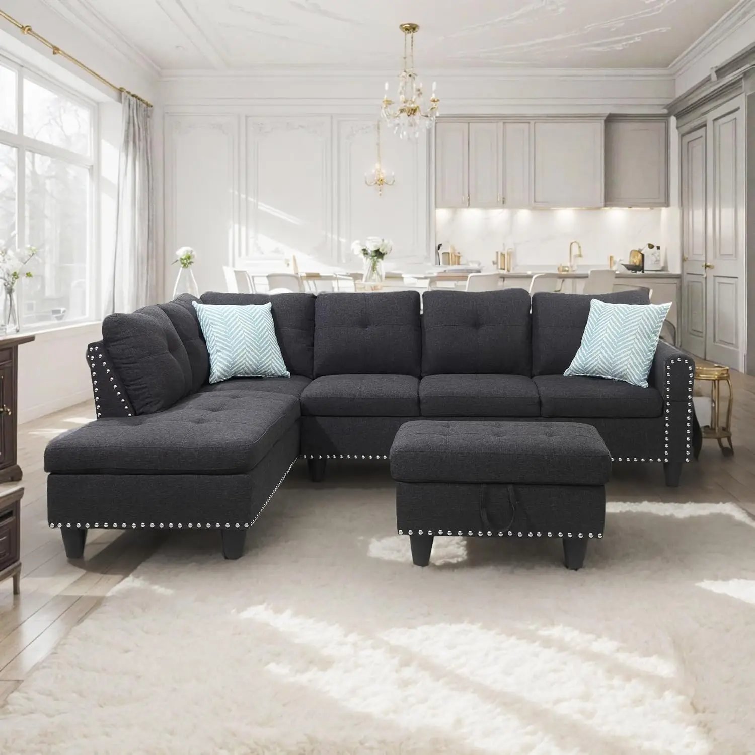 Sofa bentuk L dengan tempat penyimpanan Ottoman & Cup, 98 "Linen sudut Sofa dengan rumbai sandaran dan anyaman dipotong