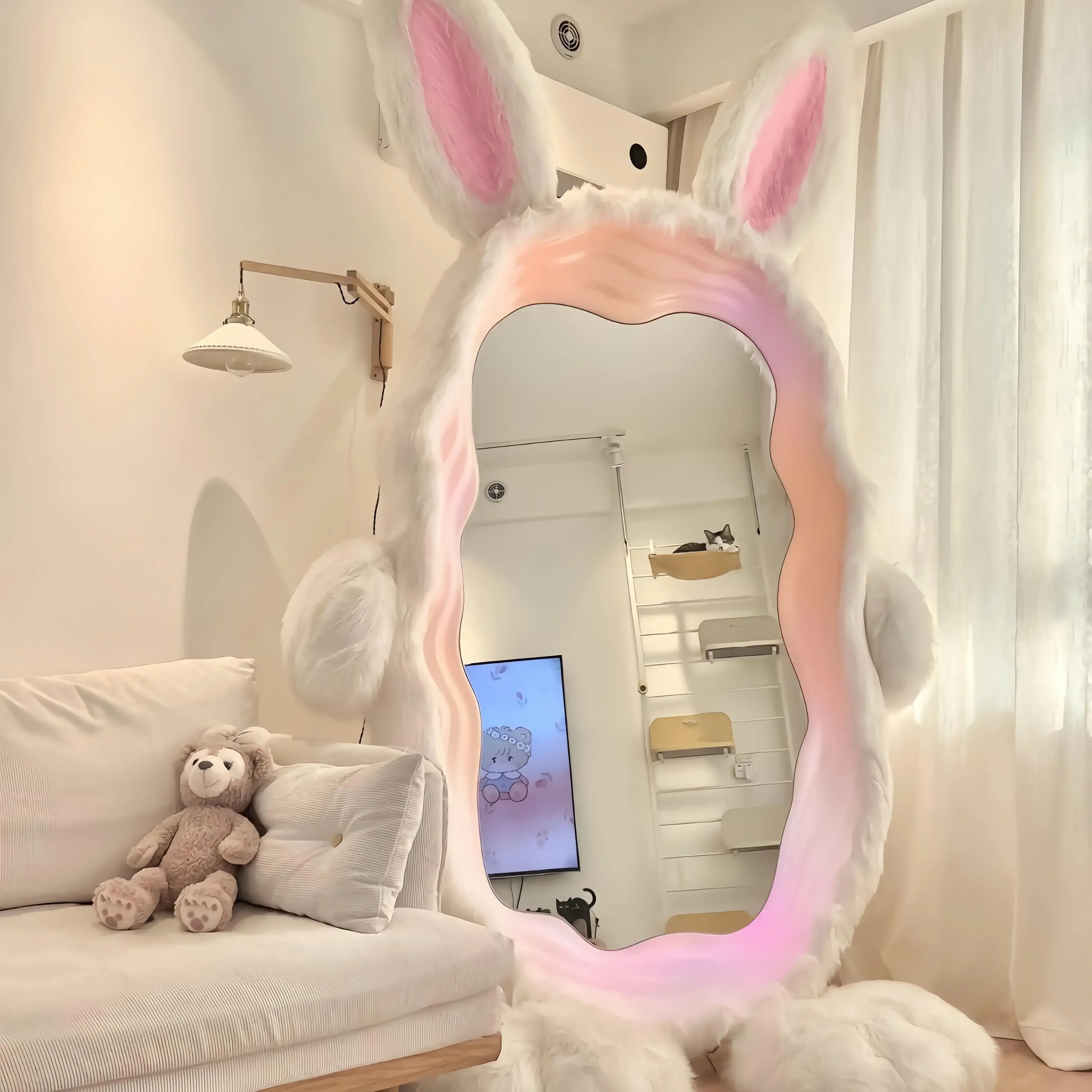 Best Seller First Hot Sales Full Body Beautiful Irregular Standing Mirror Rabbit Plush Mirror