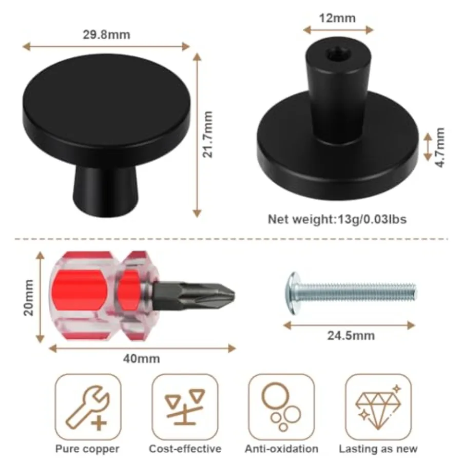 4 PCS Black Cabinet Knobs, Round Drawer Knobs, Mushroom Dresser Handle, Single Hole Cupboard Handle, Aluminum Alloy Cabinet Kno