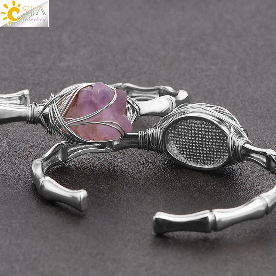 CSJA Natural Stone Cuff Bracelets Women Silver Color Wire Wrapped Irregular Raw Amethysts Aquamarine Crystal Healing Bangle H274