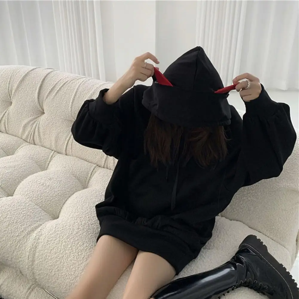 Autumn Winter Women Hoodie Cartoon Cat Ear Hooded Drawstring Thick Loose Solid Color Elastic Cuff Mid Length Sweatshirts