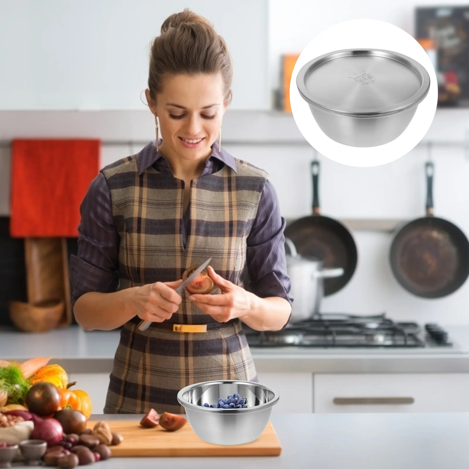 

Stainless Steel Washing Basin Vegetable Bowl Mixing Container Fruit Rice Meat Seafood Lids Preservation Pan Cover