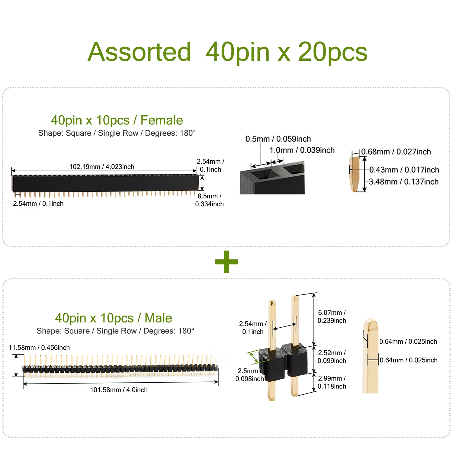 Male Female Single Row 40 Pin Header 2.54mm Gold Plated Breakable Extension Connector Strip for Arduino PCB Socket Raspberry