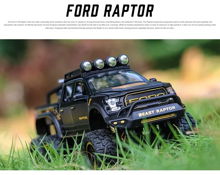 Camioneta F150 Raptor para niños, modelo de coche de Metal fundido a presión, con sonido y luz, a partir de 3 años, azul, 1:24