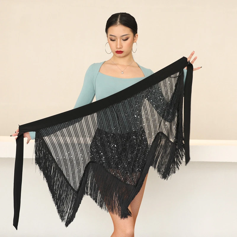 Latin Dance Skirt Sexy Tassel Black Skirt Female Performance Practice Wearing Sequined Hip Scarf