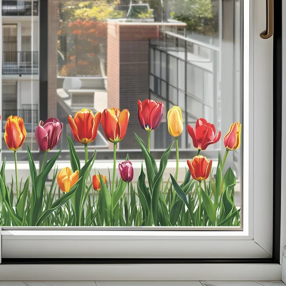 1PCS Fresh Painted Tulip Flower Glass Window Home Landscaping Decoration Electrostatic Uv Window Sticker