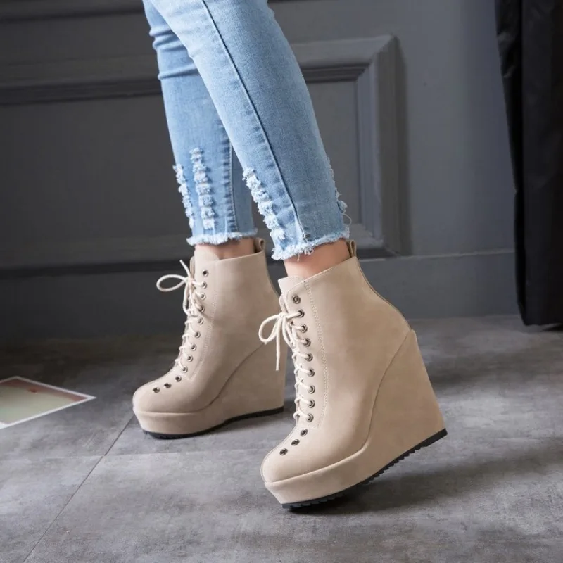 2026 Autumn/Winter Fashion New Short Boots Trendy Slope Heel Cross Lace Decoration Simple and Elegant High Heel Boots Size 34-43