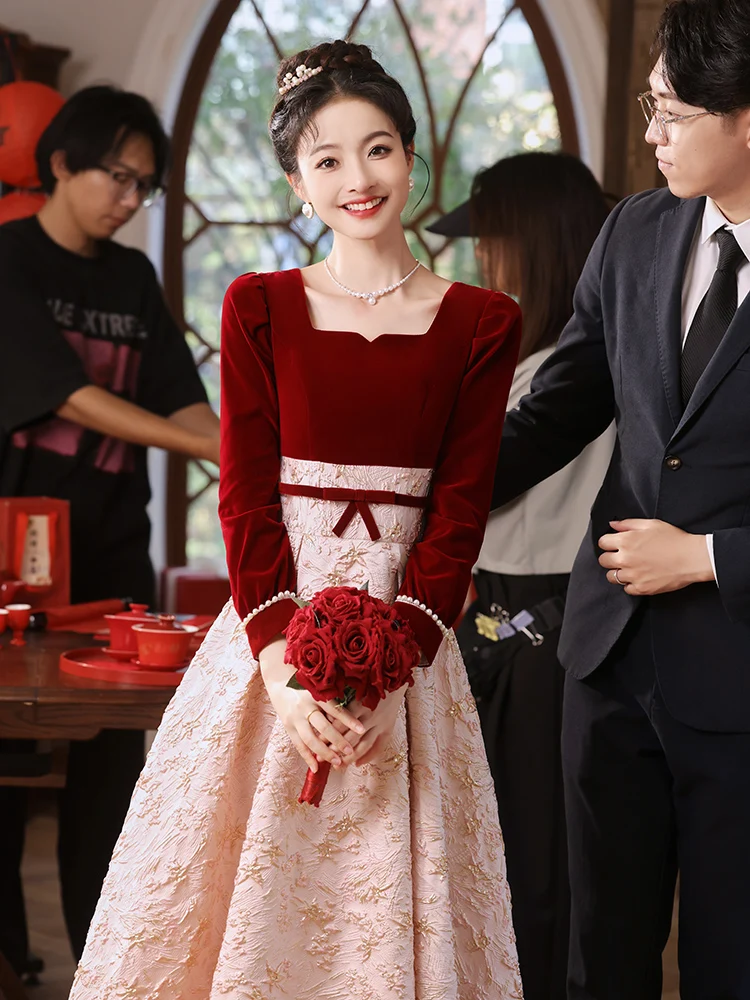 

Ele Red Wedding Dr Long Sve Engagement Par Women's Faion High-End Sensation Chinese New Year Celebration Gown