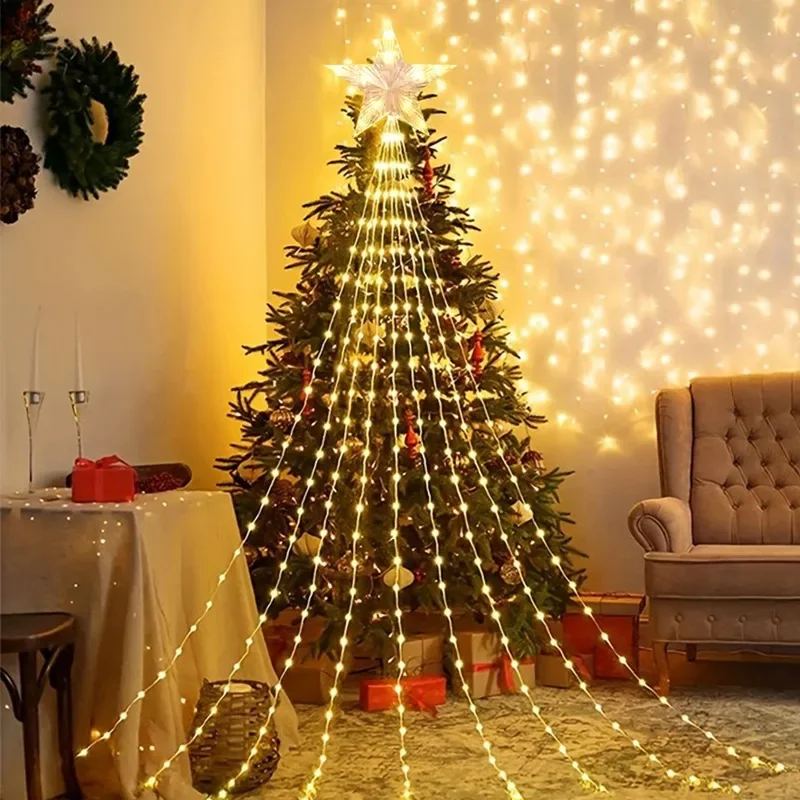 198 LED Star Waterfall Lights Indoor/Outdoor Christmas String Lights for Xmas Tree Ornaments Home Decor Navidad Gifts New year